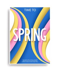 Time to Spring, greeting banner. Bright funny papercut style background. Trendy poster design. Minimal style. Vector illustration