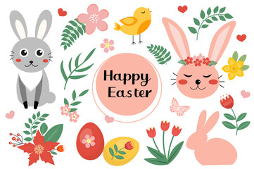 Fototapeta premium Happy Easter cute set with Easter bunny, rabbit, eggs, flowers. Hello spring set icons, objects. Vector illustration