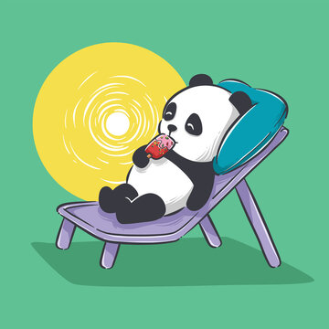 Cartoon illustration of cute panda lie down and eating ice cream. mascot and icon animals