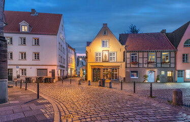 Schnoor - historic residential district with cobblestone streets and small colorful houses in Bremen, Germany (HDR-image) - obrazy, fototapety, plakaty