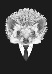 Portrait of Hedgehog in suit. Bodyguard. Hand-drawn illustration. 