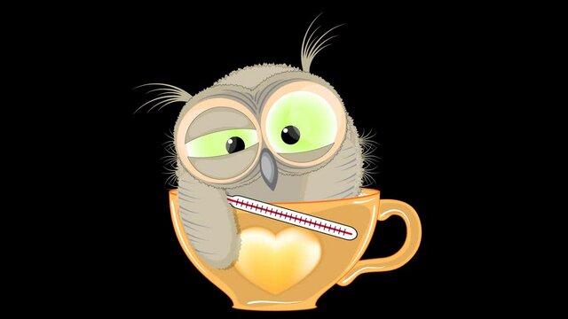 A sick owl with a thermometer in a mug. Animation on a transparent background.
