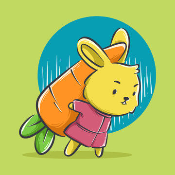 Cartoon illustration of cute rabbit carrying big carrot. mascot and icon animals