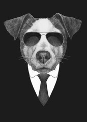 Portrait of Jack Russell in suit and sunglasses. Bodyguard. Hand-drawn illustration. 