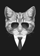 Portrait of Cat in suit and sunglasse. Bodyguard. Hand-drawn illustration. 
