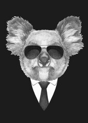 Portrait of Koala in suit and sunglasses. Bodyguard. Hand-drawn illustration. 