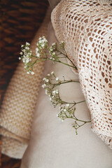 Kissen und Decken aus Baumwolle und Spitze in Korb