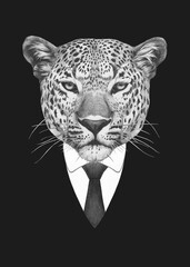 Portrait of Leopard in suit. Bodyguard. Hand-drawn illustration. 