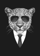Portrait of Leopard in suit and sunglasses. Bodyguard. Hand-drawn illustration. 