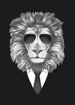 Portrait of Lion in suit and sunglasses. Bodyguard. Hand-drawn illustration. 