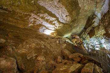 New Athos Cave. Abkhazia, underground caves of New Athos.   composition of stalactites, stalagmites...