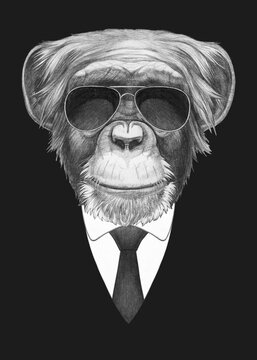 Portrait of Monkey in suit and sunglasses. Bodyguard. Hand-drawn illustration. 