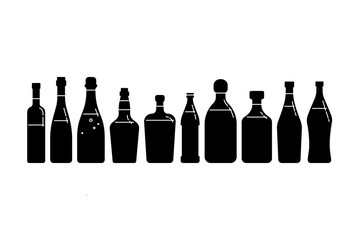 Bottle vodka red wine champagne whiskey liquor beer tequila rum martini in silhouette style. Restaurant beverage alcoholic illustration for celebration design. Set simple element in row