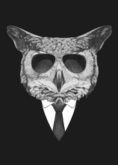 Portrait of Owl in suit and sunglasses. Bodyguard. Hand-drawn illustration. 
