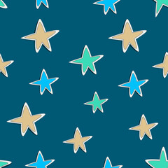 Seamless pattern with random stars in dark sky. Decorative wallpaper vector illustration