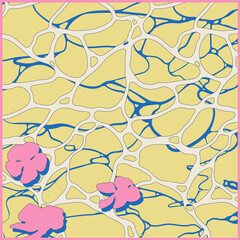 Aesthetic tropical pool and floating petals, reflect ripple on water surface, nostalgic vintage summer vibe, pastel yellow and pink flat illustration background manga / citypop style