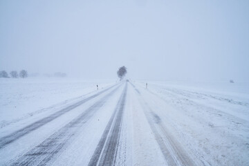 Schneebedeckte Straße bei Schneesturm im Winter mit Baum