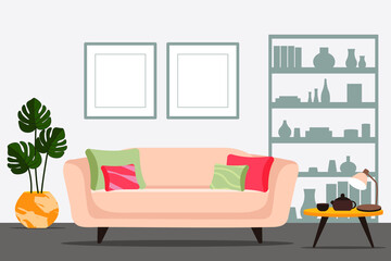 Stylish apartment interiors in Scandinavian style with modern decor. Cozy furnished living room. Cartoon flat vector illustration. Bright, stylish and comfortable furniture with indoor plants. 