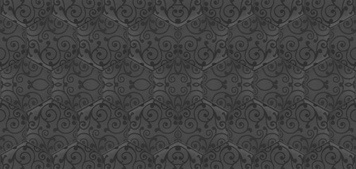 Grunge seamless black anthracite hexagonal hexagon masaic tile mirror texture background banner with damask leaves flower print pattern