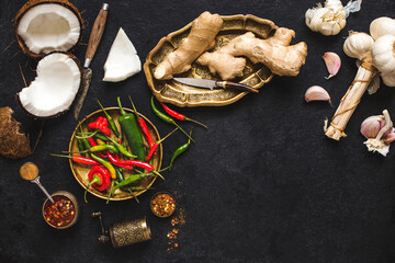 Asian ingredients: chillies, coconut, ginger, garlic