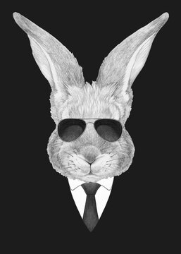 Portrait of Rabbit in suit and sunglasses. Bodyguard. Hand-drawn illustration.