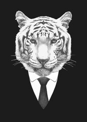Portrait of Tiger in suit. Bodyguard. Hand-drawn illustration. 