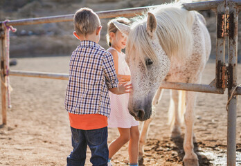 Happy children caring a horse with caress - Kids and animal love