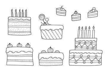 Naklejka premium A set of black and white cakes with various decorations. Doodle isolated objects on white.