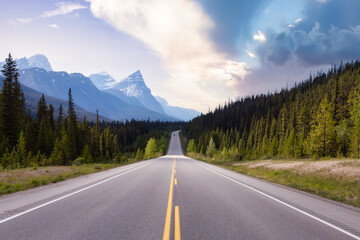 Scenic road in the Canadian Rockies. Colorful Sunset Sky Art Render. Taken in Icefields Parkway, Banff National Park, Alberta, Canada. Panorama Background