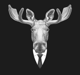 Portrait of Moose in suit . Bodyguard. Hand-drawn illustration. 