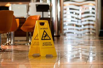 slippery floor warning sign and symbol on the passenger ferry restaurant floor