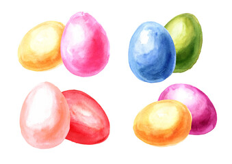 Easter colored eggs set Hand drawn watercolor illustration isolated on white background