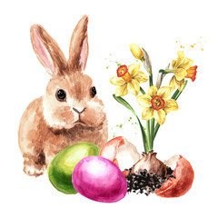 Happy Easter card, colored eggs, rabbit and young spring flower. Hand drawn watercolor illustration isolated on white background