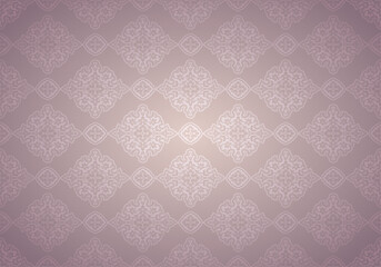 Oriental vintage background with Indo-Persian ornaments. Royal, luxurious, horizontal textured wallpaper in pink, powder color, dry rose, with darkening at the edges, vignette. Vector illustration