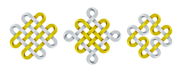 Set of celtic, chinese auspicious knots and quadruple solomon knot made of intertwined mobius stripes. Ancient traditional symbols. Vector illustration.