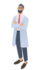 Smiling male doctor standing with crossed hands. Isolated on white vector illustration.