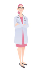 Friendly female physician standing with crossed hands. Doctor in a white coat wearing a stethoscope. Isolated on white vector illustration.