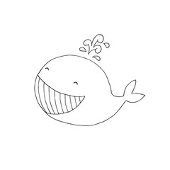 Cheerful whale with a fountain. Vector hand-drawn doodle illustration. Black and white outline. Coloring book for children.