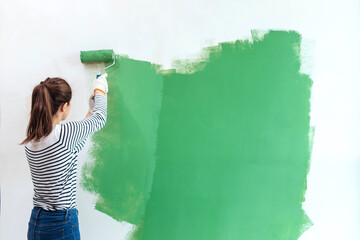 Young woman is painting the wall into green with paint roller in new house