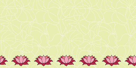 Lotus or lily flower Border line of brigh red and pink blossoms on a subtle line drawing background of lotus or lily pad leaves
