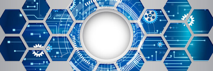 Abstract wide technology background with hexagons and gear wheels. Hi-tech circuit board vector illustration. Sci fi concept on the blue cover.