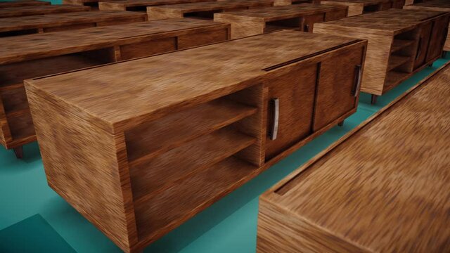 A lot of Wooden tv entertainment units in a row 4k. High quality 4k footage