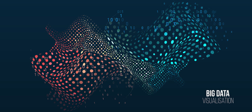 Filtering machine algorithms. Wide Big data visualization. Information analytics concept. Sorting data. Vector technology background. Abstract stream information with circles array and binary code.