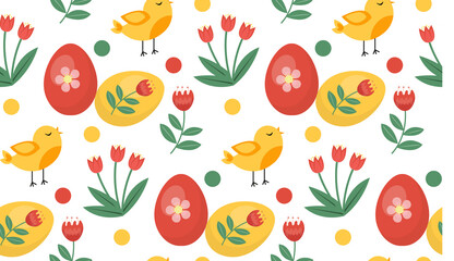 Vector seamless spring pattern with birds and plants. Easter pattern. cartoon bunnies