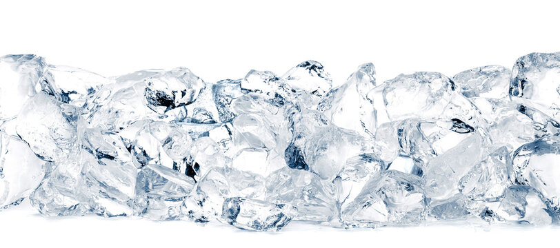 Natural ice cubes background. Heap of natural crushed ice on white background.