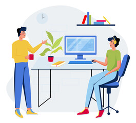 Man and woman talking ideas in the office. Flat design illustration. Vector