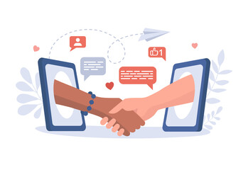 Communication, conversation, and friendship in the Internet vector flat illustration. Hands shaking each other through screens of mobile phones. Dating application, social networking concept.