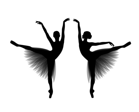 beautiful ballerina girl wearing tutu dress - black and white vector silhouette of classical ballet performance