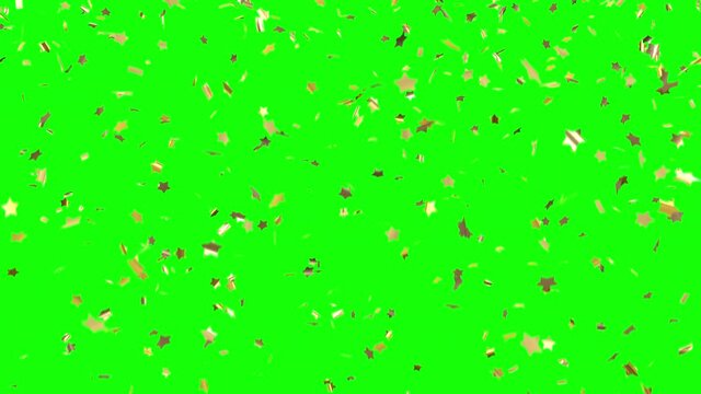 Golden confetti stars falling on the green screen background with an alpha channel.

Celebration, holidays, party, birthday, or anniversary animation.
High-quality golden textured star-shaped confetti