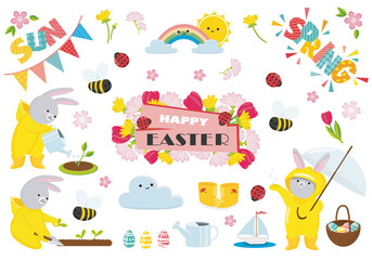 Spring and Easter collection of cute bunnies, flowers and decorations. Perfect for poster, greeting card, scrapbooking, tag, invitation, sticker set. Hand drawn vector illustration.